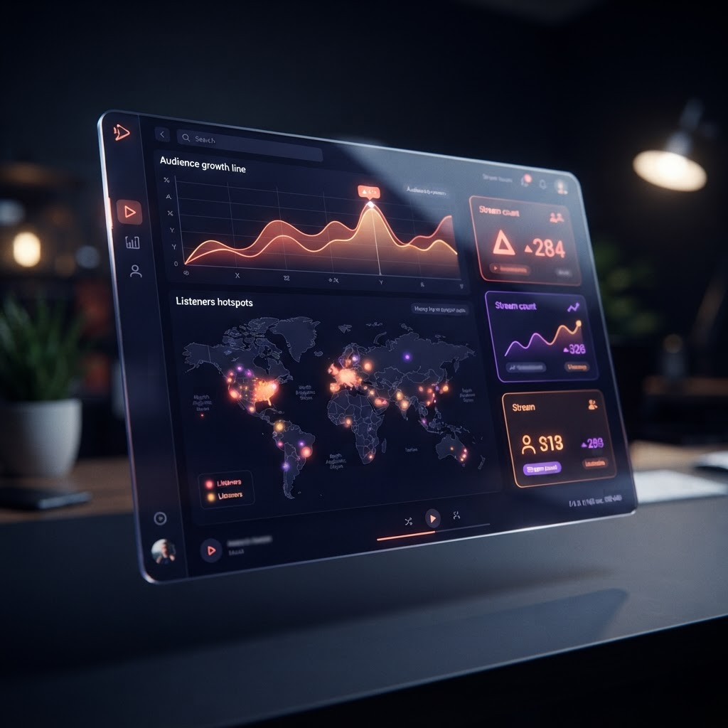A dark music analytics dashboard showing audience growth and listener locations