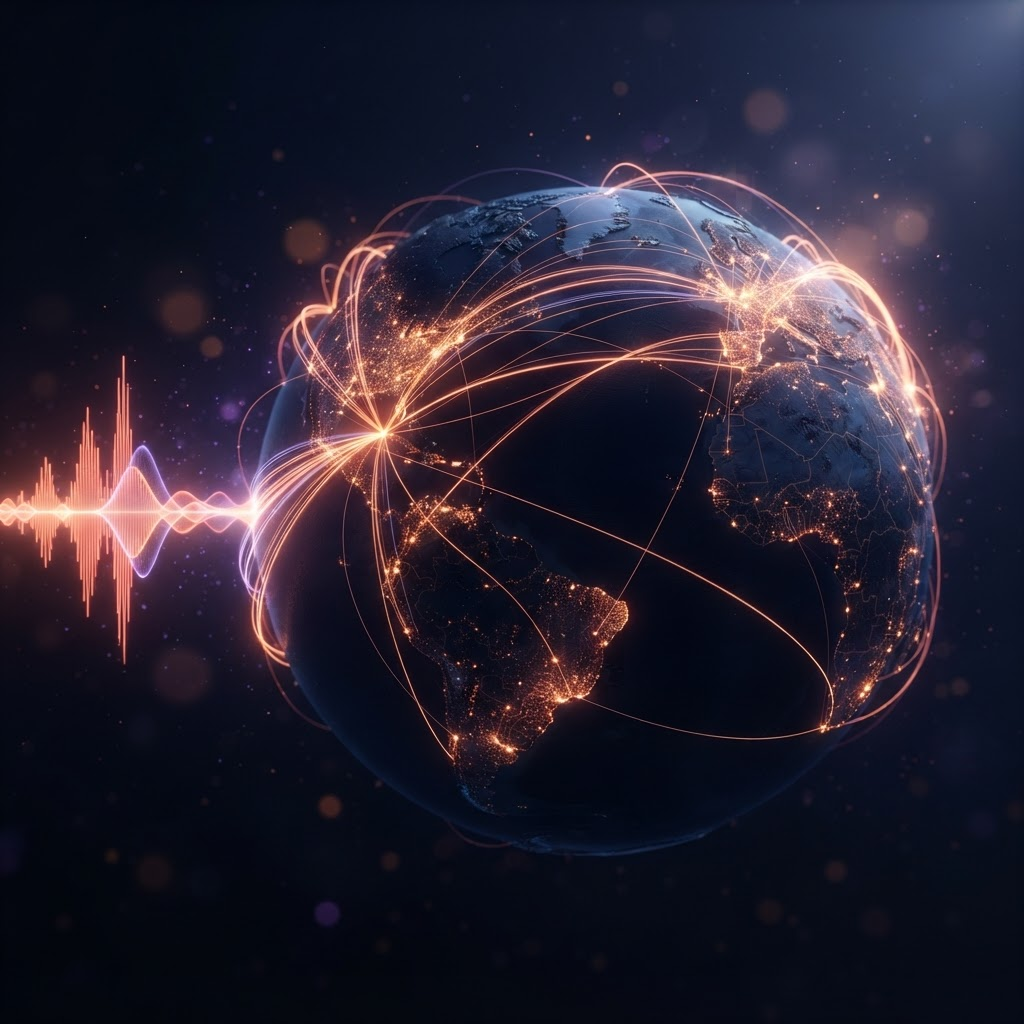 A glowing sound waveform turning into light streams that travel across a dark globe, representing worldwide music distribution